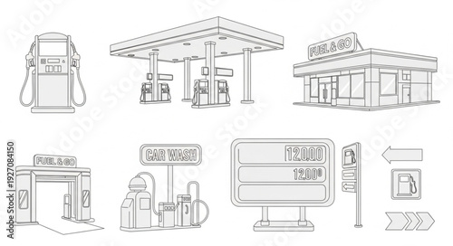 Gas station and convenience store sketches, showing fuel pumps and buildings.