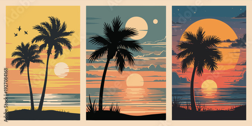 Tropical Island Palm Triptych poster set, golden yellow orange sunset sky with bent palm landscape