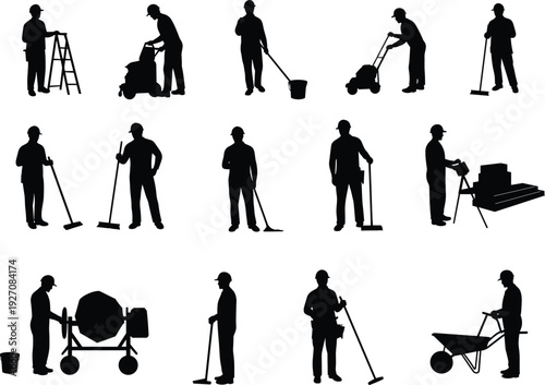 Silhouettes of construction workers performing tasks, cleaning, lifting, operating machinery, using tools, working safely on industrial job site