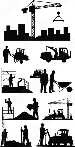 Silhouettes of construction workers with equipment, cranes, scaffolding, heavy machinery, wheelbarrows, industrial site, building process, safety gear, labor force, construction industry