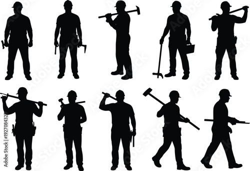 Silhouettes of construction workers with tools, hard hats, hammer, wrench, walking, standing, holding toolbox, manual labor, safety gear, industrial work