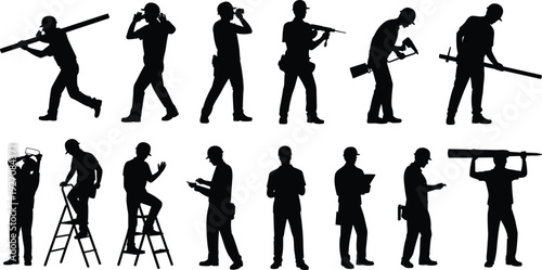Silhouettes of construction workers with tools, helmets, different poses, ladders, manual labor, safety gear, worksite activity, teamwork, industrial job, building