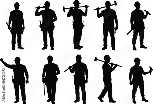 Silhouettes of construction workers with tools, hard hats, holding hammers, manual labor, standing, walking, industrial safety, builder, repair, craftsman, teamwork, construction site