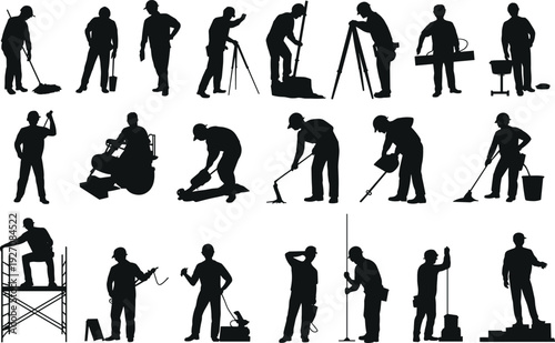 Silhouettes of construction workers with tools, safety helmets, heavy equipment, working on site, scaffolding, measuring, manual labor, industrial, building, vector illustration