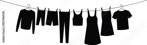 Silhouette of hanging clothes on clothesline, drying garments, laundry day illustration, black vector art, home chores, clean clothing icons