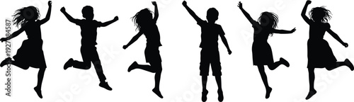 Silhouette of happy children jumping in excitement on white background, group of kids playing, energetic poses, freedom, joyful, outdoor fun, active lifestyle, childhood, sports activity