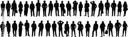 Silhouettes of business people standing, walking, holding briefcases, men and women, professional attire, isolated vector, office workers, corporate team, black shapes