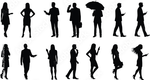 Silhouettes of business people using smartphones, walking, standing, working, communicating, in formal attire, men and women, digital lifestyle, mobile communication, modern professional scene.