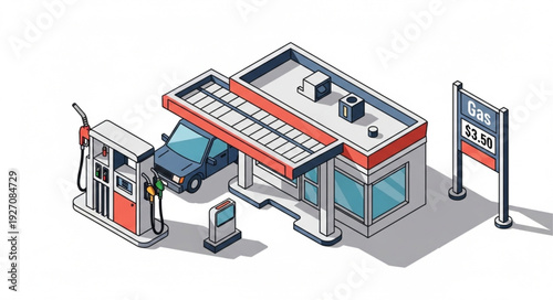 Isometric view of a gas station with a car filling up with fuel, modern design.