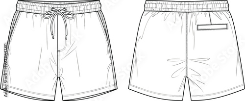 Black and white of front and back of shorts with elastic waistband and drawstring front and back view