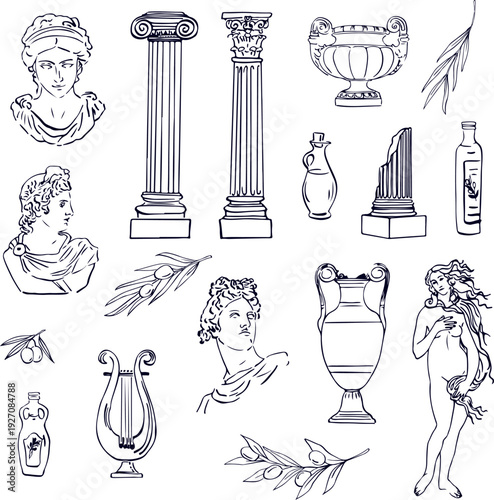 A set of Greek illustrations. Olive branches, plaster statues, columns, and vases in linear drawing