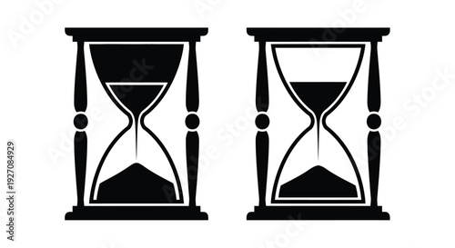 Two black hourglasses displaying different sand levels symbolizing time s passage