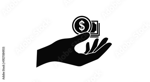 A hand offering money a dollar sign and stack of bills