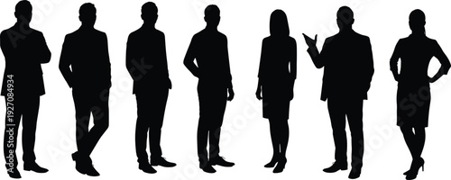 Silhouettes of business professionals, team standing in row, corporate group illustration, diverse office people, leadership concept, black vector, formal business attire, teamwork unity