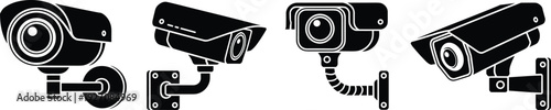 Silhouettes of CCTV security cameras, surveillance devices, safety monitoring systems, video recording equipment for home, office, and building protection