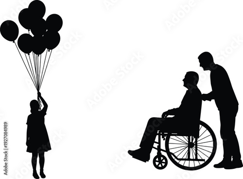 Silhouettes of child with balloons, caregiver with elderly person in wheelchair, concept of care, support, happiness, family love, isolated vector illustration