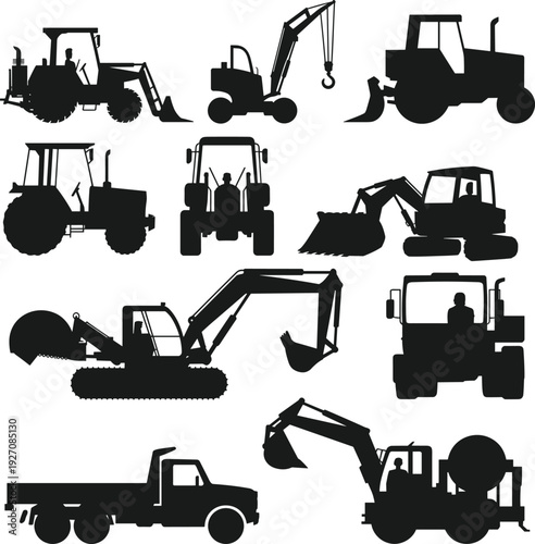 Silhouettes of Construction Trucks, Excavators, Loaders, Tractors, Cranes, and Heavy Equipment Vehicles for Industrial, Farming, and Construction Design Projects