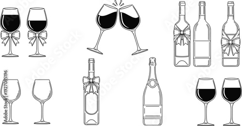 Wine and champagne collection with elegant glasses bottles and bows in cad drawing flat vector illustration for wedding celebration party design