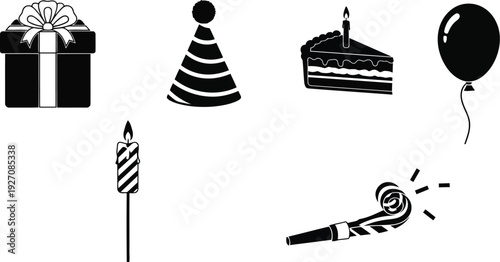 A collection of birthday icons including a gift, hat, cake, balloon, candle, and party horn vector illustration