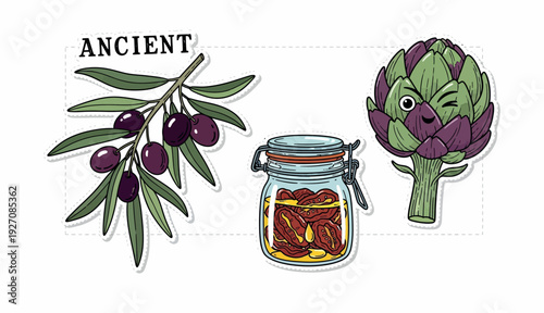 An illustration of ancient Mediterranean ingredients, including an olive branch, a jar of olive oil, artichokes, and heritage, is perfect for use in cookbooks or health and wellness materials.
