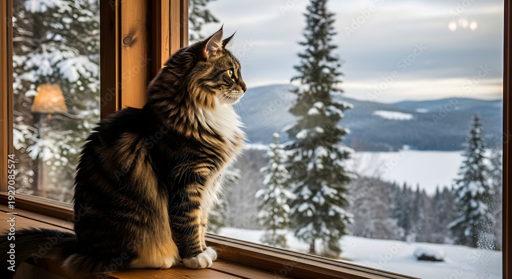 Obraz premium A majestic cat sits on a windowsill gazing out at a serene snowy landscape with evergreen trees and a frozen lake in the distance.