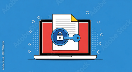 Secure document on a laptop screen with a red background and lock icon, showcasing digital security and privacy measures.