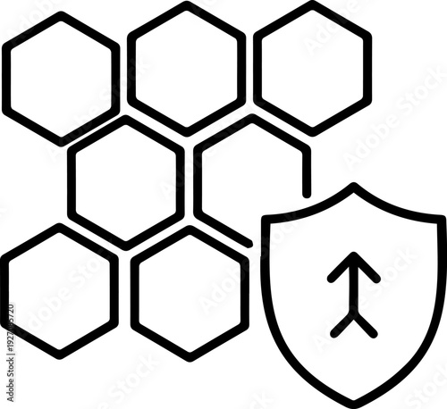 Honeycomb Network with Protective Shield Icon, Data Security and Firewall Protection Concept, Minimalist Hexagon Grid Line Art Vector