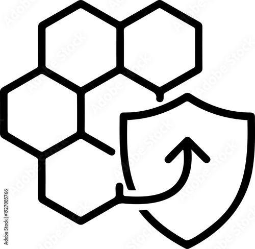 Honeycomb Network with Protective Shield Icon, Data Security and Firewall Protection Concept, Minimalist Hexagon Grid Line Art Vector