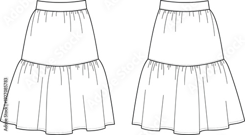 Black and white of two identical white skirts with waistbands and ruffled hems ruffled skirts fashion clothing garment