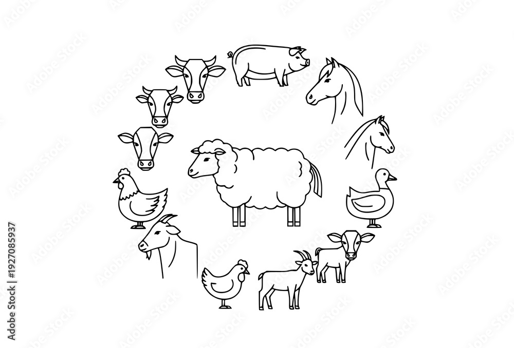 Fototapeta premium Minimal Farm Livestock Outline Icons Vector Collection Isolated on White