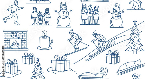 Winter season activities and holiday celebration doodles.