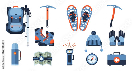 Winter hiking and mountaineering equipment set for outdoor adventure.