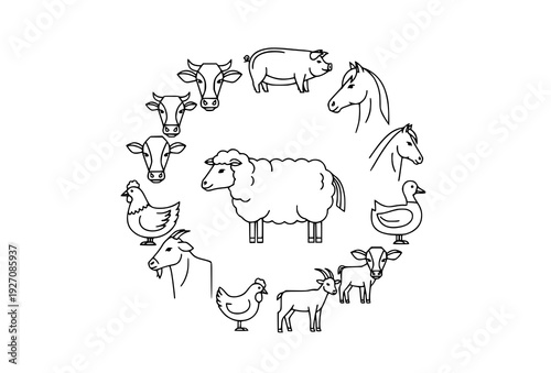 Minimal Farm Livestock Outline Icons Vector Collection Isolated on White