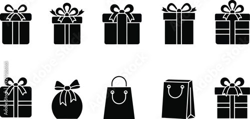 Collection of black gift boxes and shopping bags on vector illustration