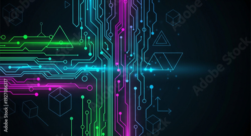 Vibrant Abstract Digital Circuit Board with Neon Lights.
