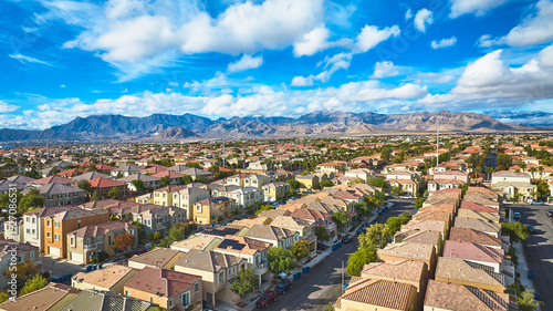 Photography Aerial Las Vegas Residential Neighborhood with Suburban Homes and Mountain View