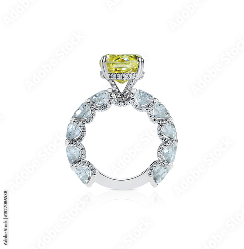 Fancy Yellow Diamond Engagement Ring Isolated on White Background