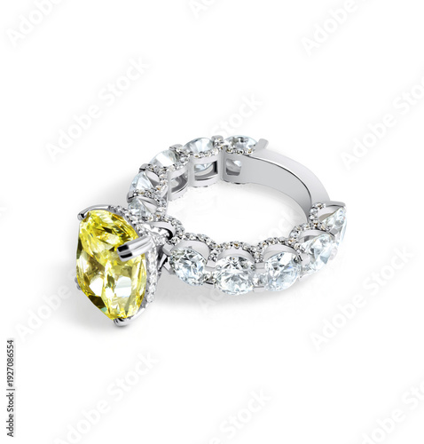 Yellow Diamond Halo Ring in White Gold Isolated on White