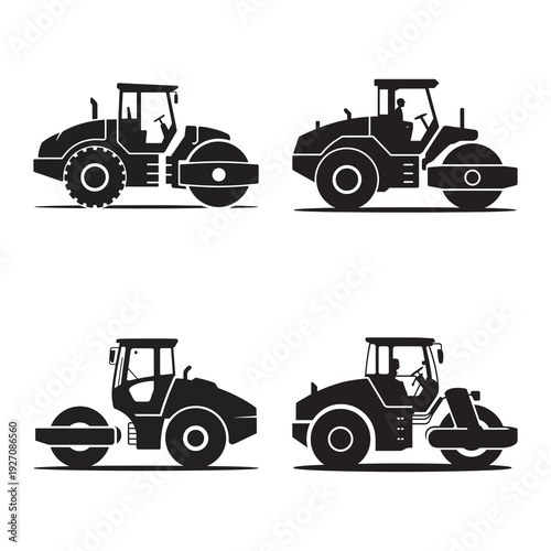 Heavy road roller silhouette icons for pavement construction machinery