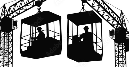 Silhouettes of crane operators inside suspended cabins, construction site, heavy machinery, safety helmets, industrial work, building construction