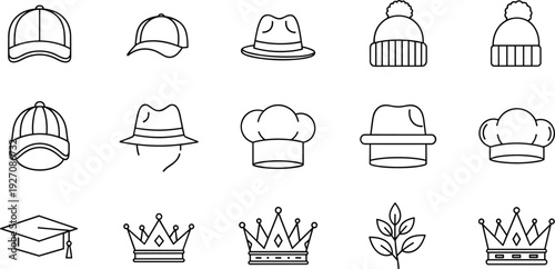 Black line of various hats and headwear caps beanies chef hats