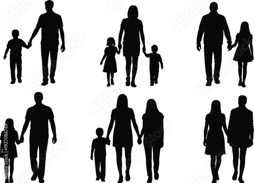 Silhouettes of diverse families walking together, parents holding children’s hands, family love, bonding, parent and child relationship, happy family moments