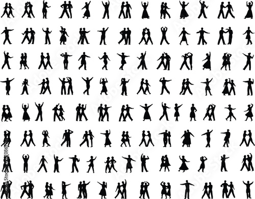 Silhouettes of dancing couples and individuals, various dance poses, expressive movement, 
