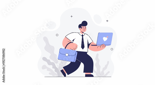 A man in business attire carries a briefcase and laptop with a heart icon on its screen