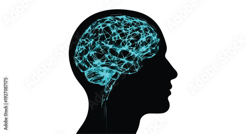 Black silhouette of a human head with glowing blue neural network brain