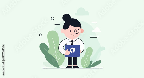A stylized person in professional attire holds a laptop adorned with a circular emblem against a backdrop of green foliage and subtle clouds