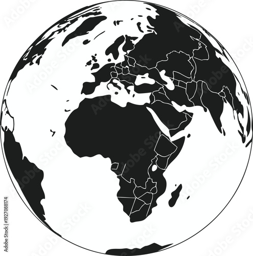 A simplified, monochrome graphic of planet Earth is centered against a stark white background. The image depicts the Earth as a perfect sphere, with continents and landmasses rendered in solid black. 