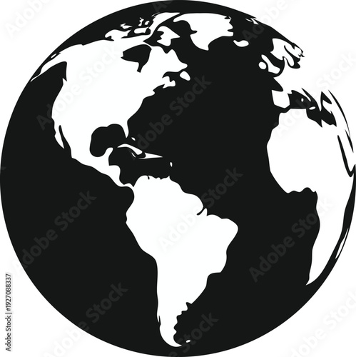 A simplified, monochrome graphic of planet Earth is centered against a stark white background. The image depicts the Earth as a perfect sphere, with continents and landmasses rendered in solid black. 