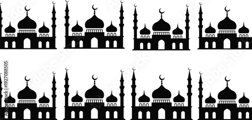 Islamic mosque silhouette vector illustration, black religious architecture design, crescent moon dome, minarets artwork, cultural heritage symbol, Islamic art decoration, spiritual landmark