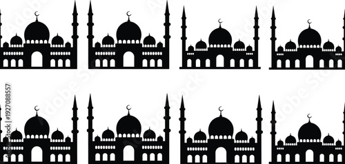 Islamic mosque silhouette vector illustration, religious architecture design with domes and minarets, cultural Islamic art symbol for Ramadan, Eid, spirituality